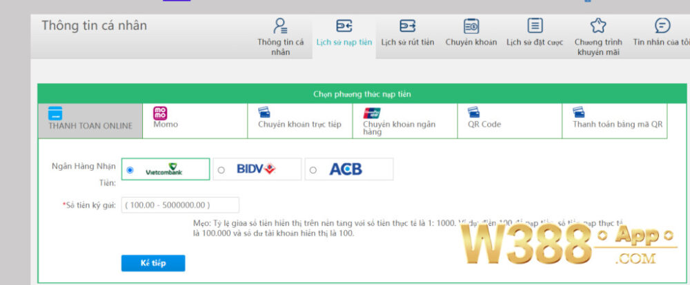Nạp tiền tại nhà cái W388 bằng thanh toán online