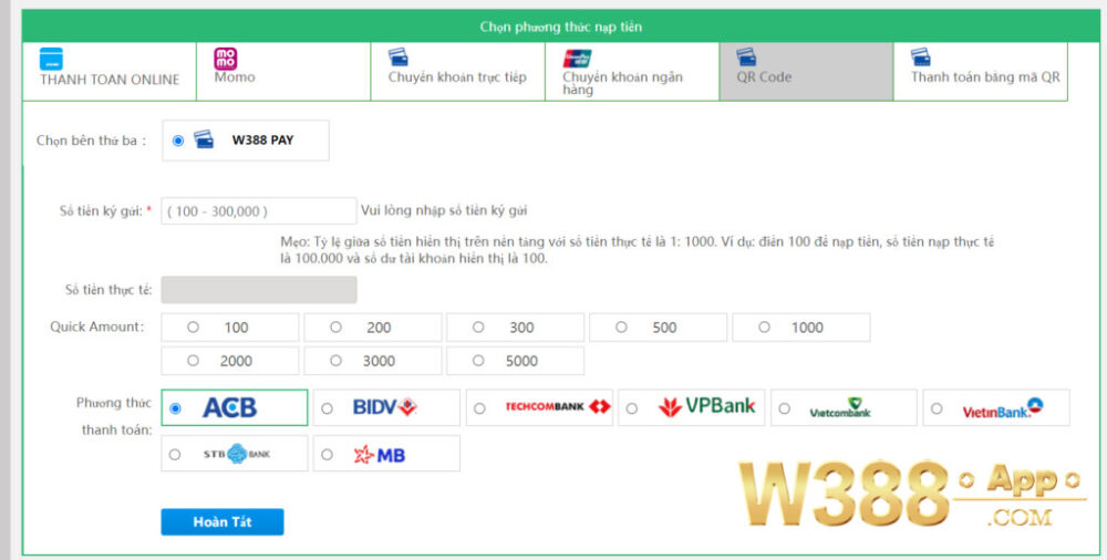 Nạp tiền W388 qua QR Code
